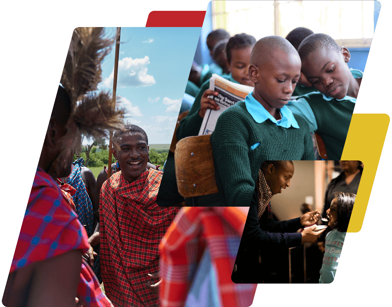 collage of African tribe, school children, and girl being fed